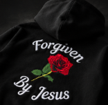 Forgiven hoodie angled back studio view