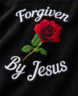 Forgiven hoodie back embroidery studio close-up